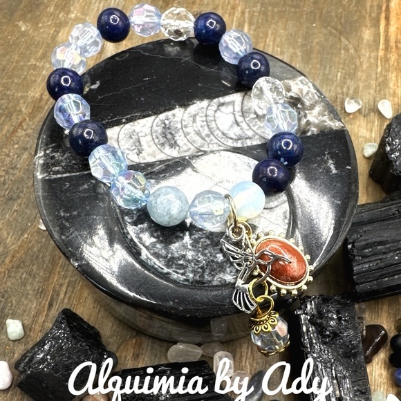 Maximalist Lapis lazuli beaded gemstone bracelet/moonstone sunstone charms - Picture 1 of 7